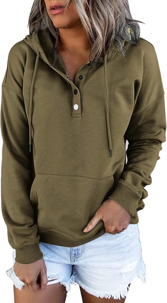 Hoodies Button Collar Drawstring Hooded Pullover Sweatshirt Casual Long Sleeve Tops Shirts
